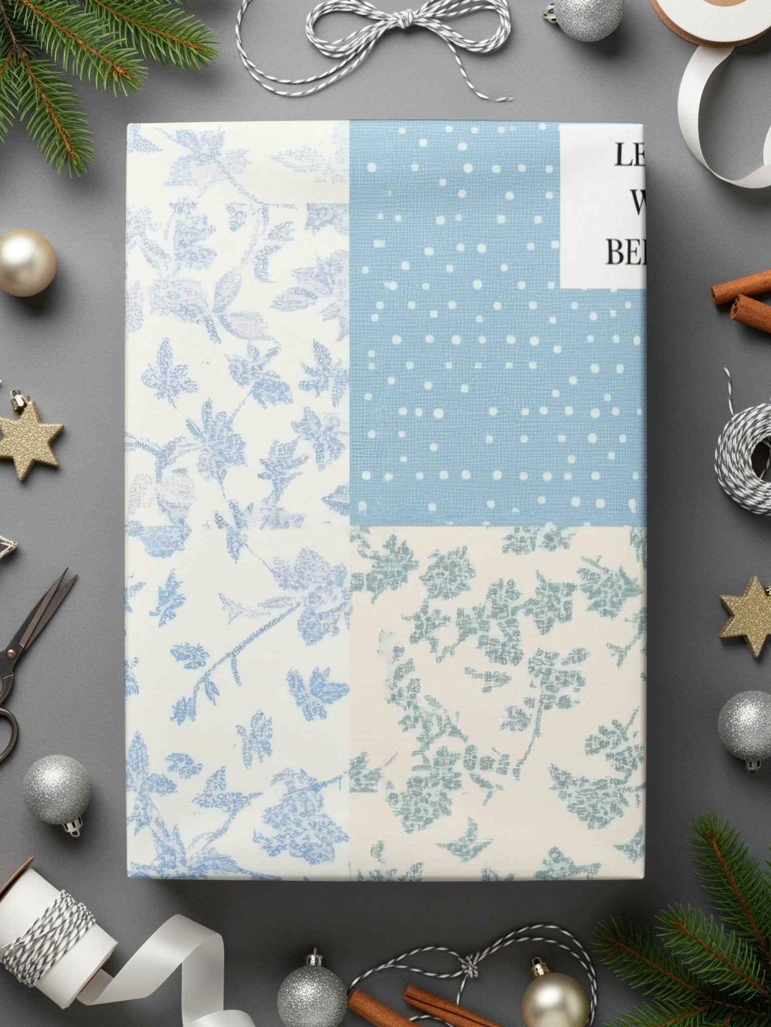 Blue and White Floral Dot Patterned Wrapping Paper