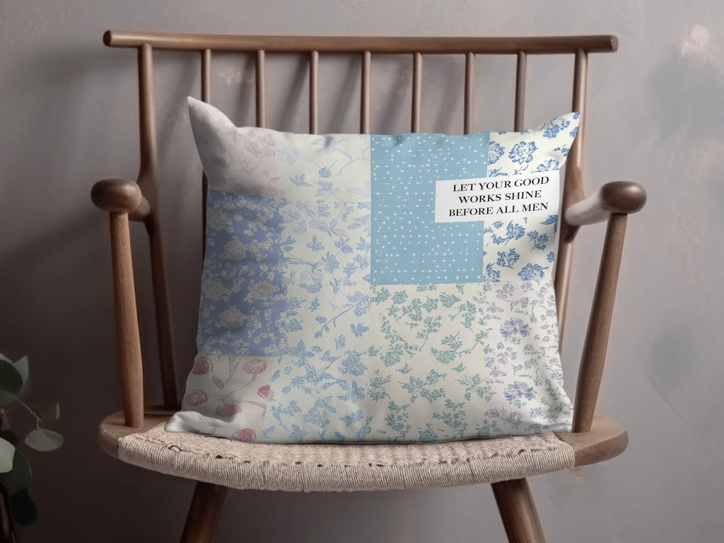 Blue Floral Patchwork Decorative Pillow with Inspirational Text