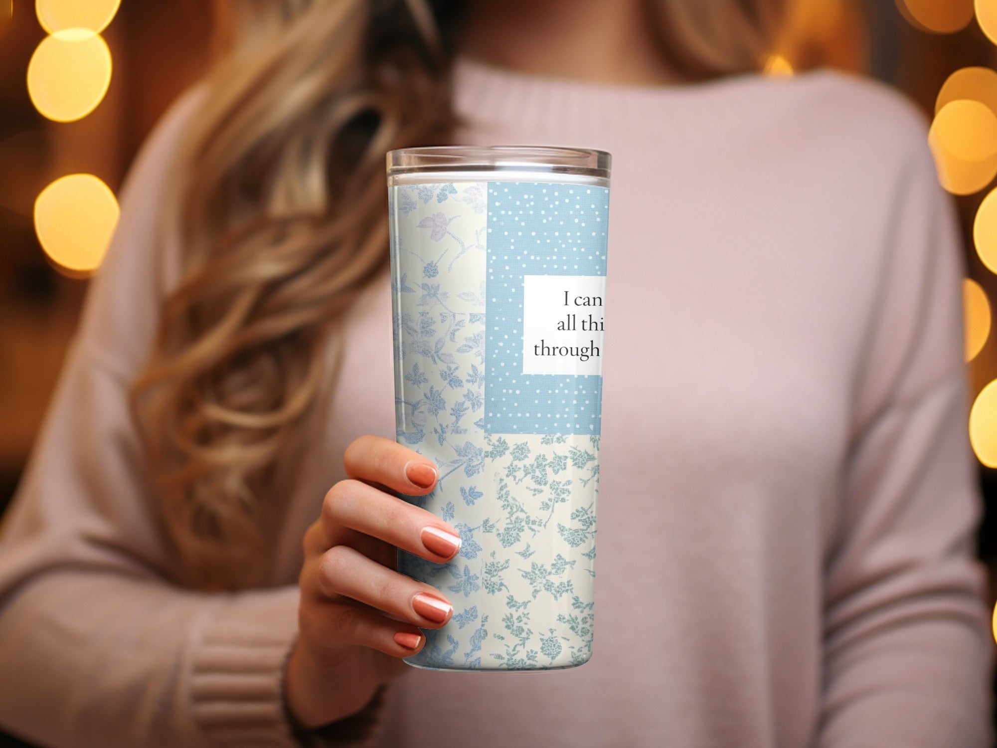 Inspirational Blue Floral Pattern Travel Mug