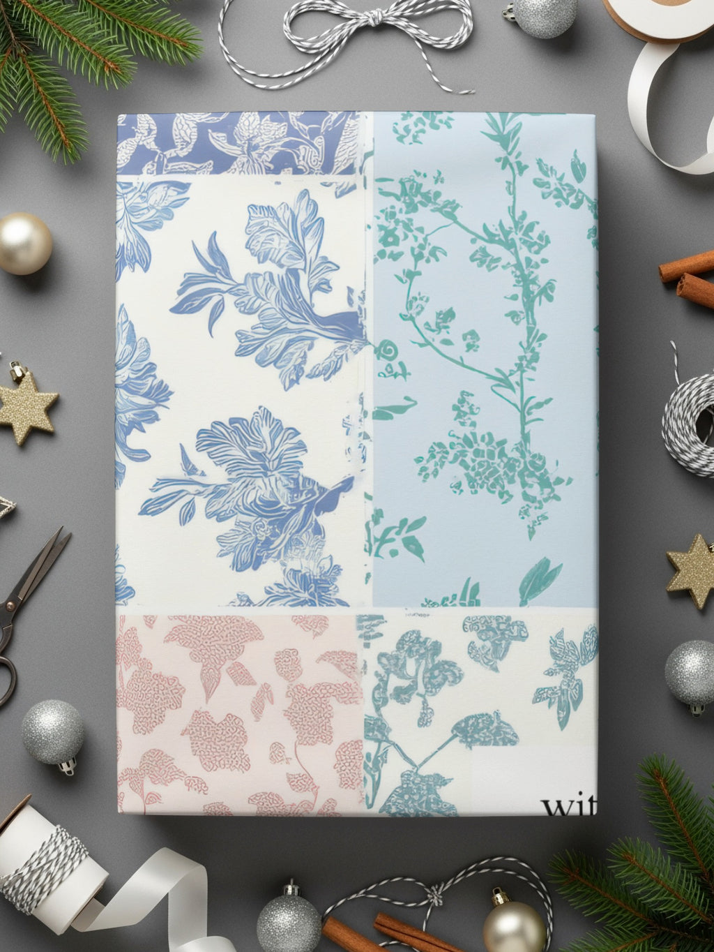Festively Wrapped Gift Box with Elegant Floral Patterns