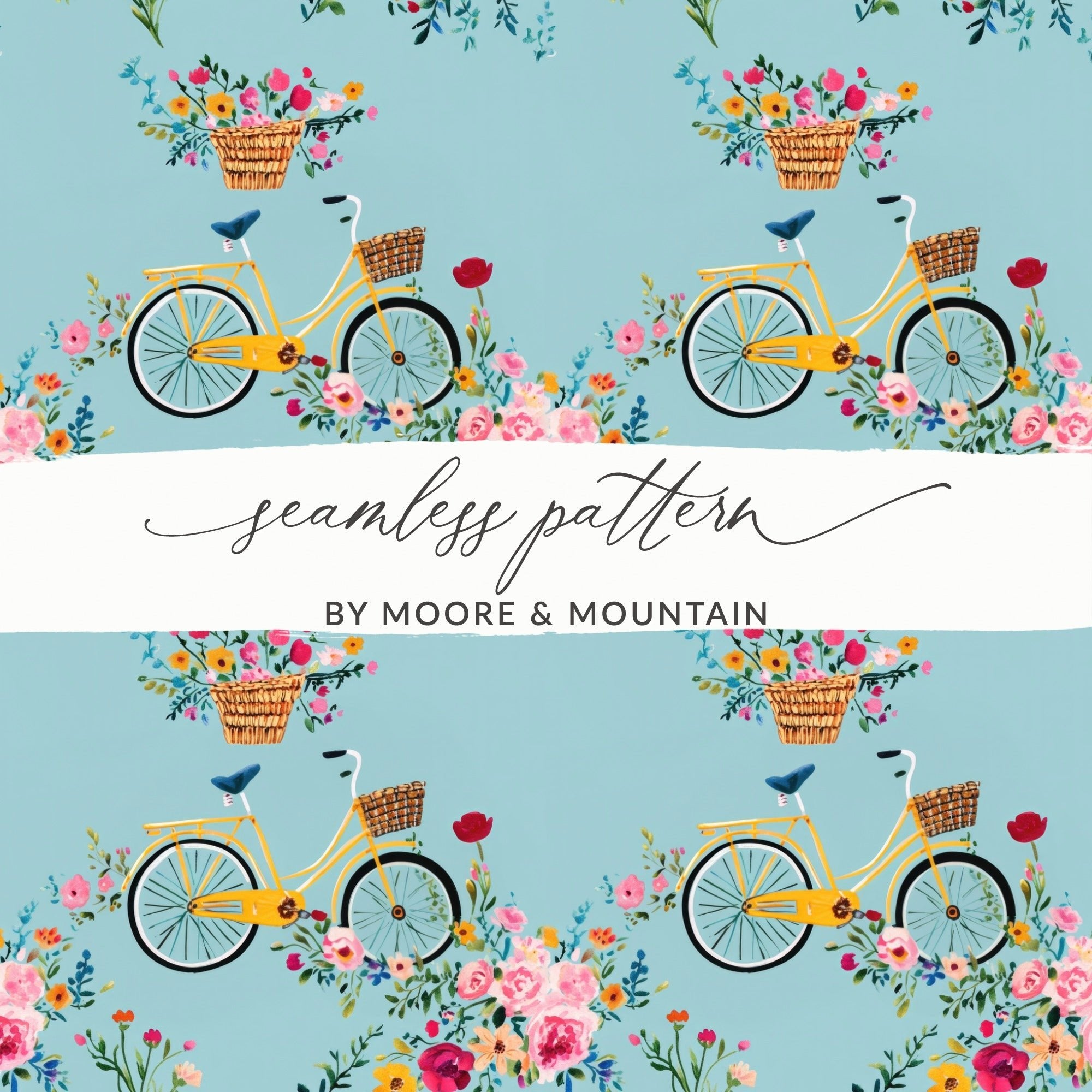 Bicycle Floral Pattern Digital Paper, Seamless Bike Flowers Design, Repeatable Tile, Scrapbooking Paper, Fabric Design, Digital Download - Moore and Mountain