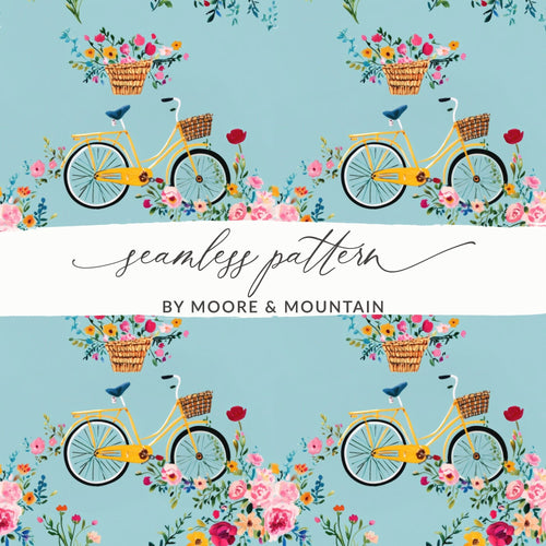 Bicycle Floral Pattern Digital Paper, Seamless Bike Flowers Design, Repeatable Tile, Scrapbooking Paper, Fabric Design, Digital Download - Moore and Mountain