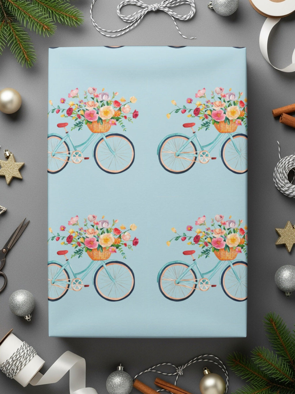 Bicycle Flower Basket Digital Paper, Seamless Pattern, Watercolor Bike Clipart, Floral Bike Design, Spring Digital Paper, Digital Download - Moore and Mountain