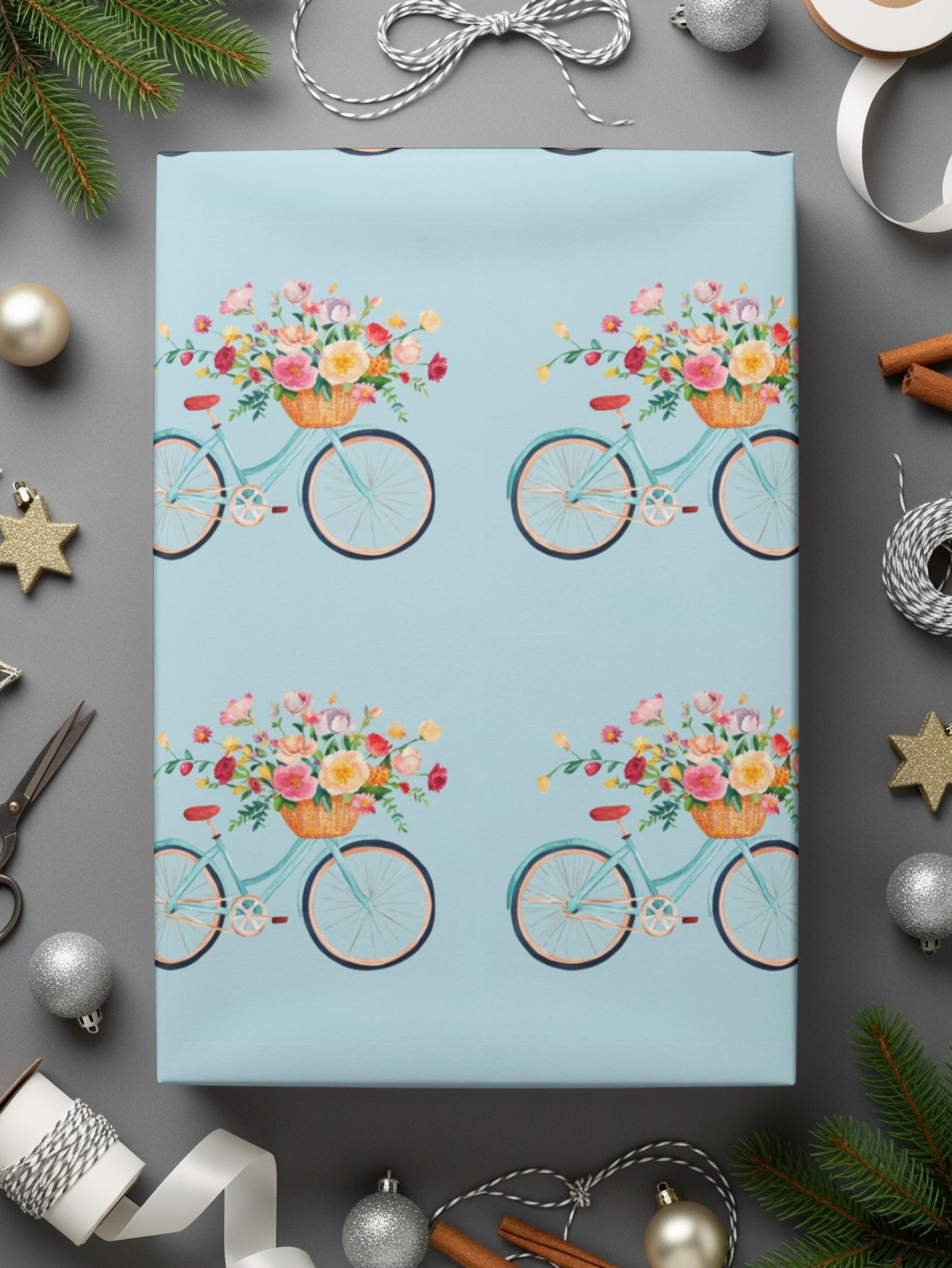 Bicycle Flower Basket Digital Paper, Seamless Pattern, Watercolor Bike Clipart, Floral Bike Design, Spring Digital Paper, Digital Download - Moore and Mountain
