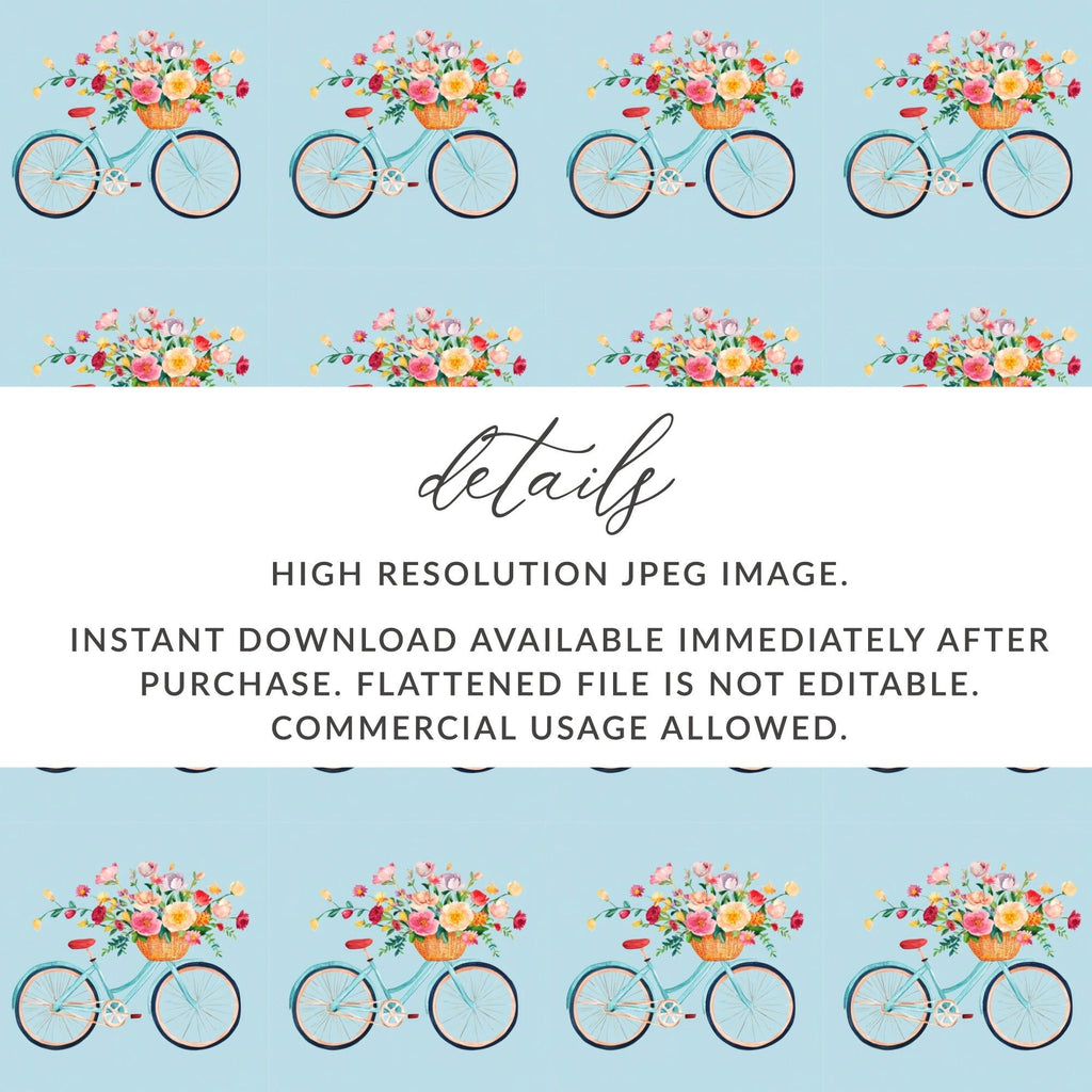 Bicycle Flower Basket Digital Paper, Seamless Pattern, Watercolor Bike Clipart, Floral Bike Design, Spring Digital Paper, Digital Download - Moore and Mountain