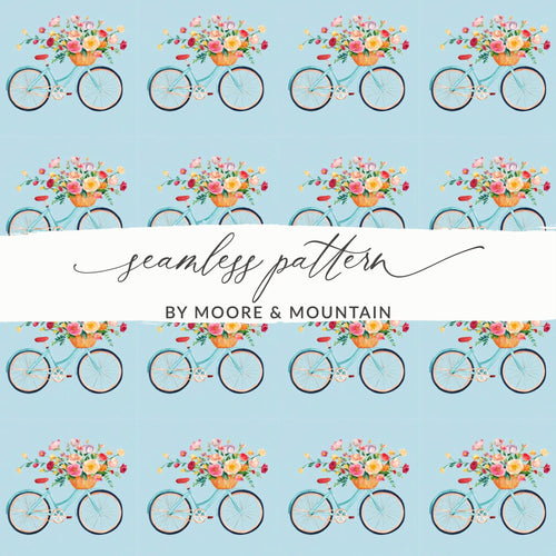 Bicycle Flower Basket Digital Paper, Seamless Pattern, Watercolor Bike Clipart, Floral Bike Design, Spring Digital Paper, Digital Download - Moore and Mountain