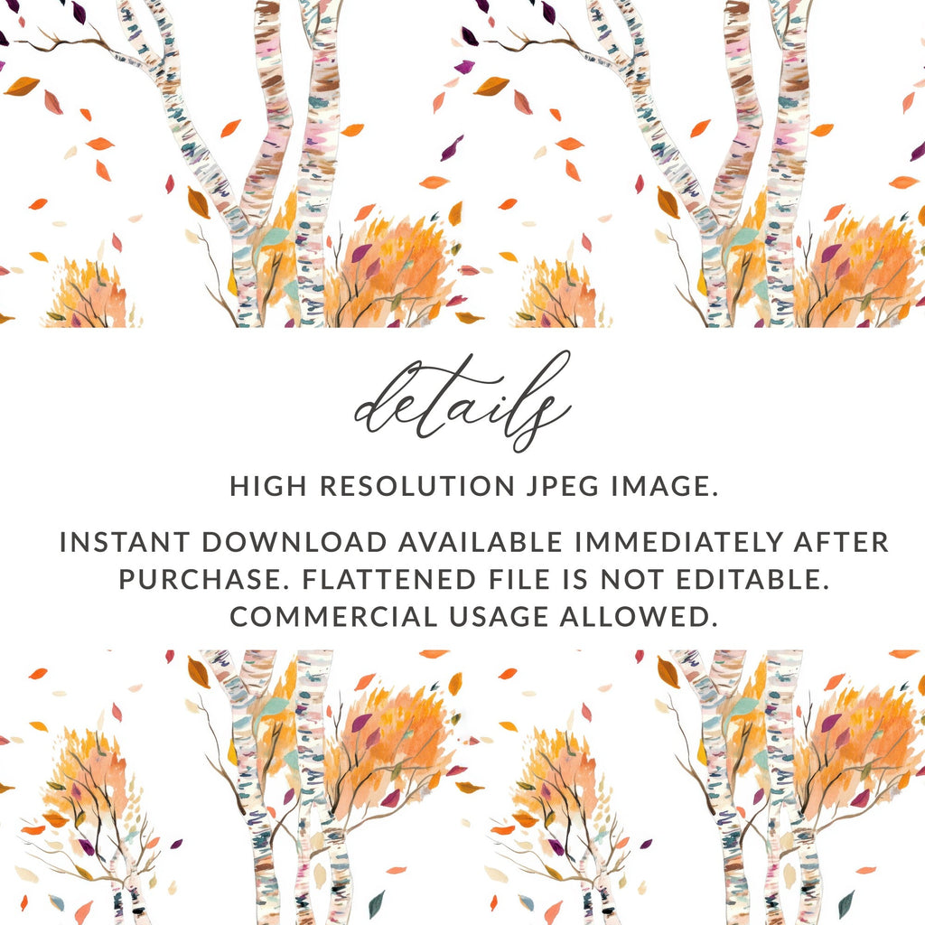 Birch Tree Digital Paper, Seamless Autumn Pattern, Fall Leaves Image, Watercolor Trees Digital Download, Printable Scrapbook Paper - Moore and Mountain