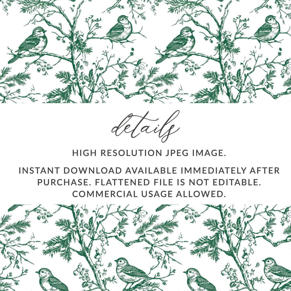 Bird Branch Seamless Pattern, Green on White, Digital Paper, Fabric Design, Scrapbooking, Printable, Floral Pattern, Nature Inspired Art - Moore and Mountain