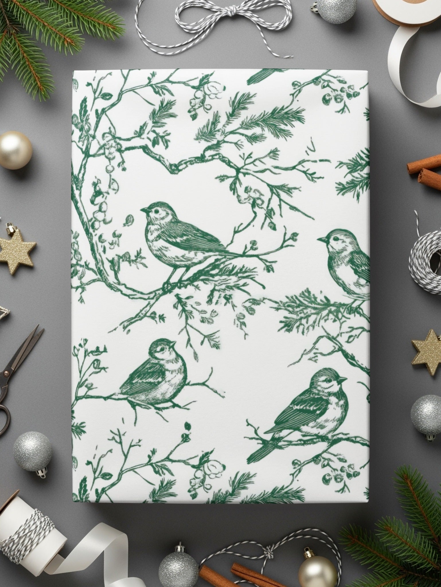 Bird Branch Seamless Pattern, Green on White, Digital Paper, Fabric Design, Scrapbooking, Printable, Floral Pattern, Nature Inspired Art - Moore and Mountain