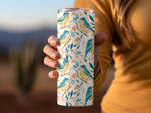 Bird Floral Seamless Digital Pattern, Watercolor Bird Illustration, Blue Yellow Bird Design, Repeating Pattern Fabric, Digital Files - Moore and Mountain