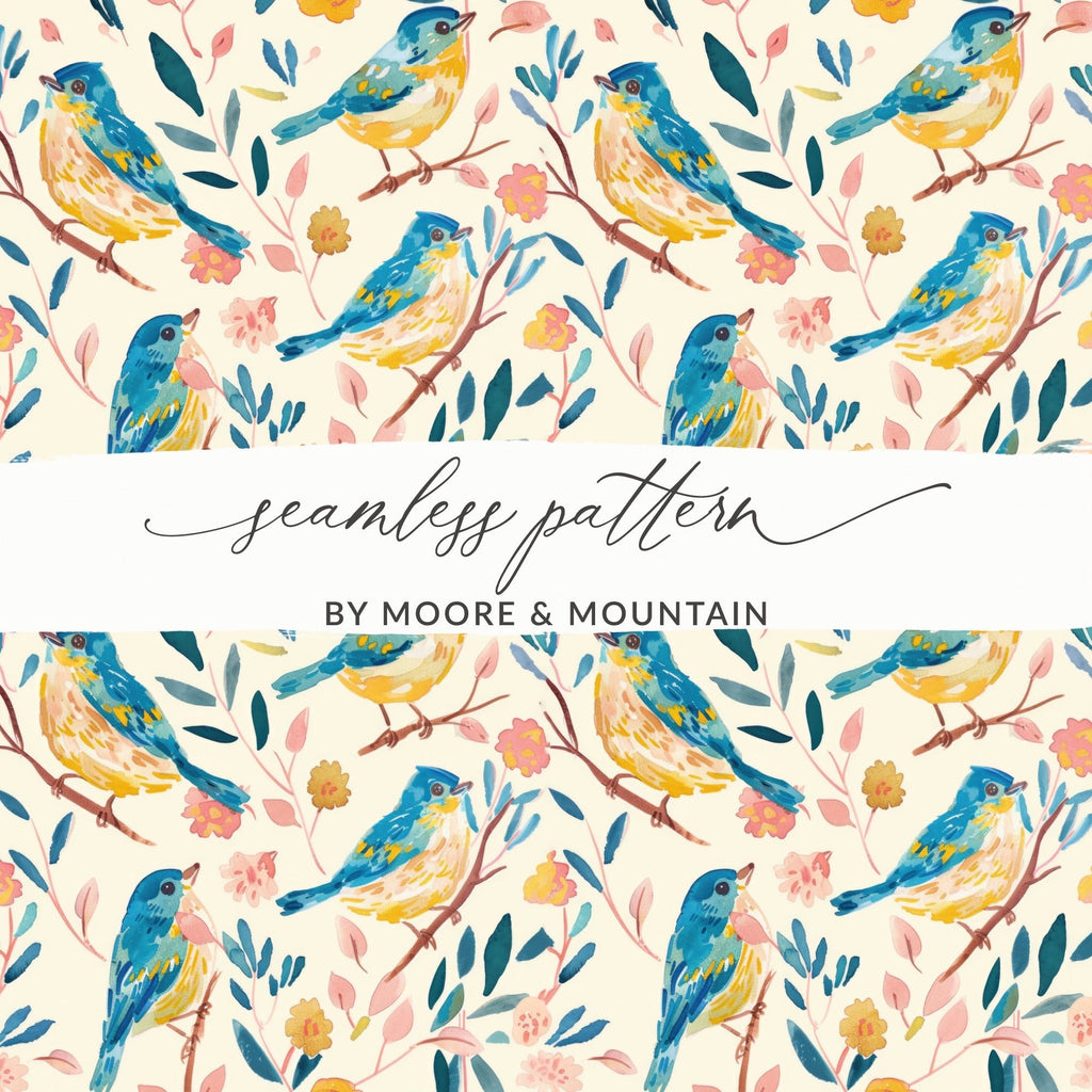 Bird Floral Seamless Digital Pattern, Watercolor Bird Illustration, Blue Yellow Bird Design, Repeating Pattern Fabric, Digital Files - Moore and Mountain