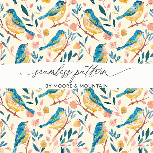 Bird Floral Seamless Digital Pattern, Watercolor Bird Illustration, Blue Yellow Bird Design, Repeating Pattern Fabric, Digital Files - Moore and Mountain
