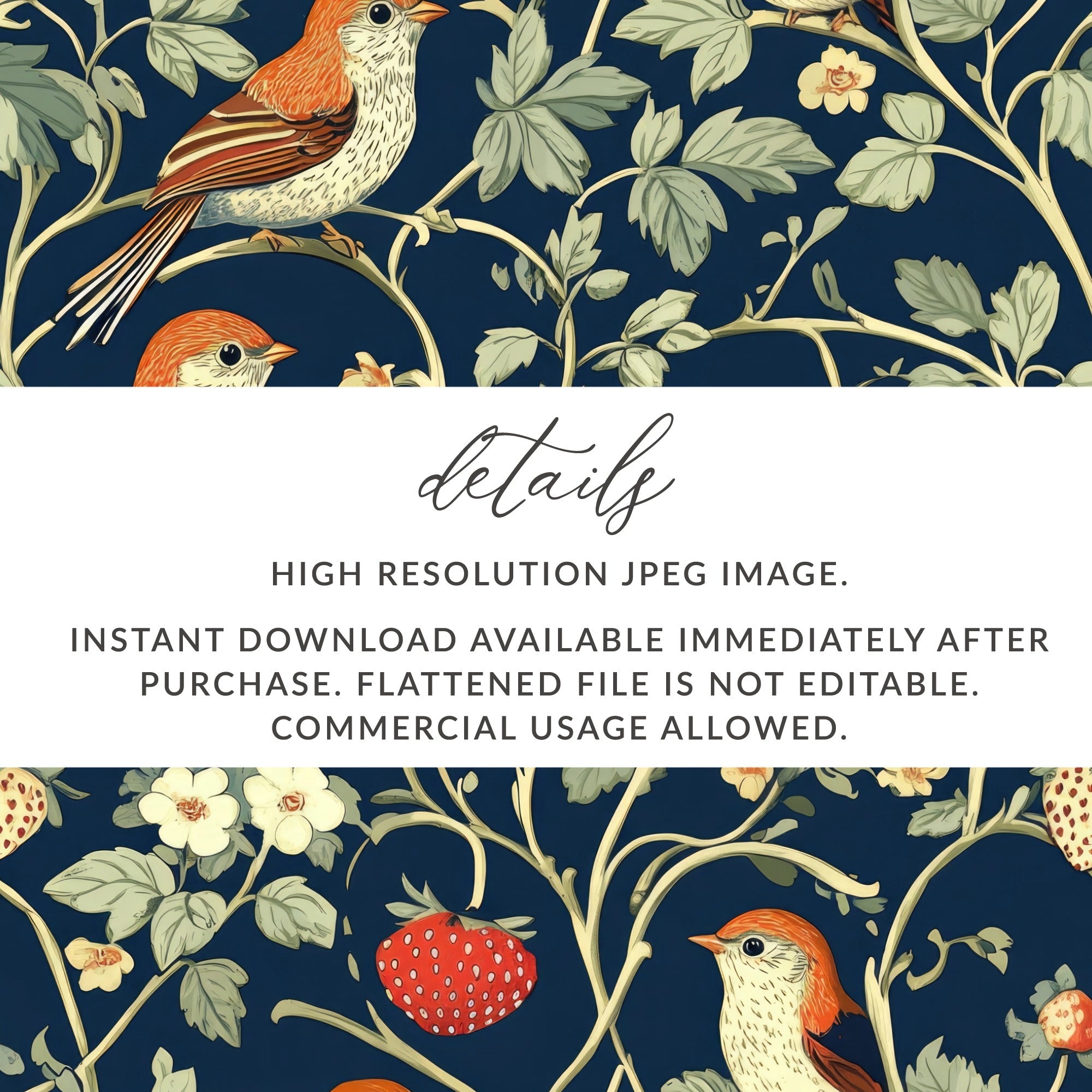 Bird Strawberry Digital Pattern, Seamless Tileable Design, Vintage Inspired Paper, Fabric Print, Floral, JPEG Files - Moore and Mountain