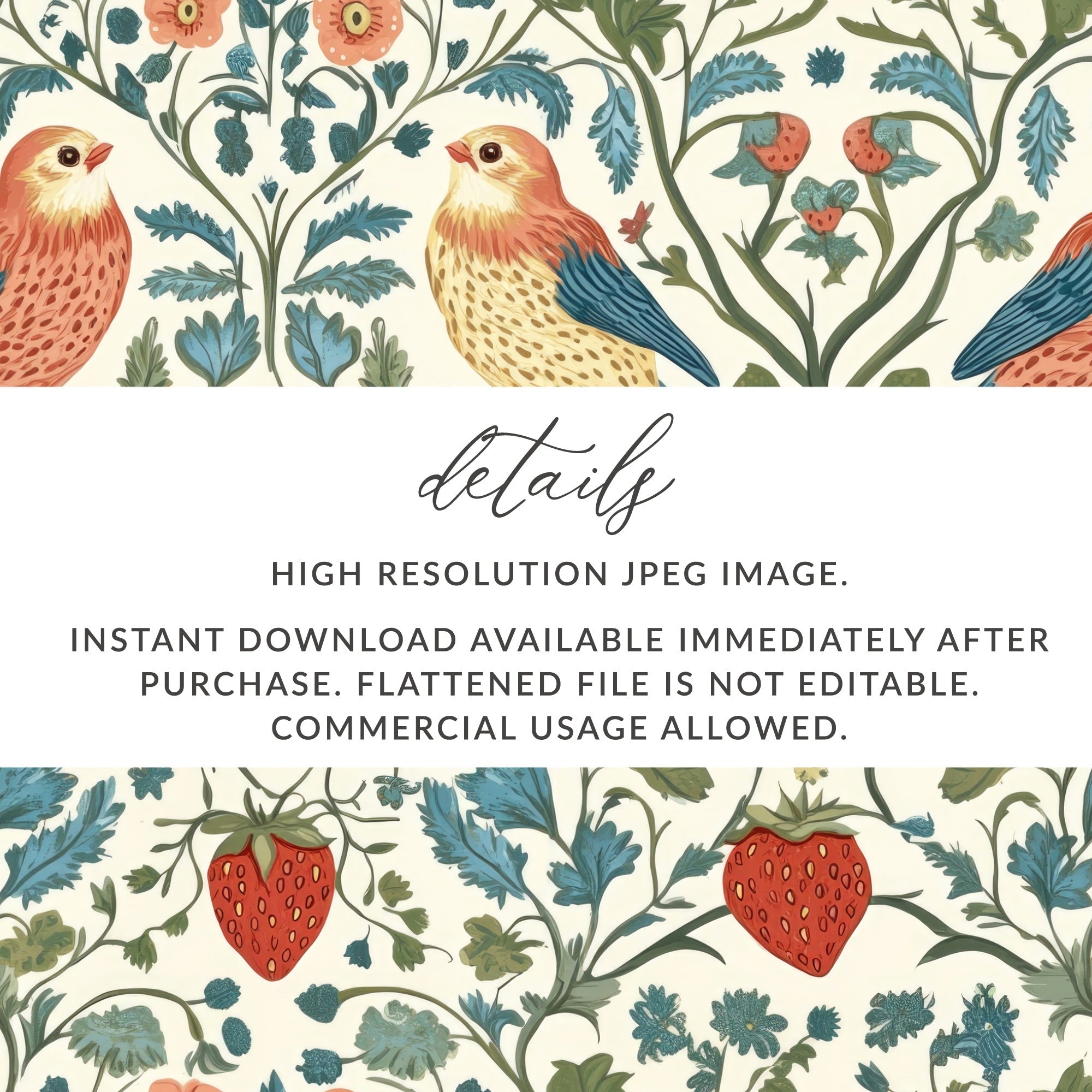 Bird Strawberry Floral Digital Seamless Pattern, Cottagecore Print, JPEG Fabric Design, Scrapbook Paper, Digital Download, Two Scales - Moore and Mountain