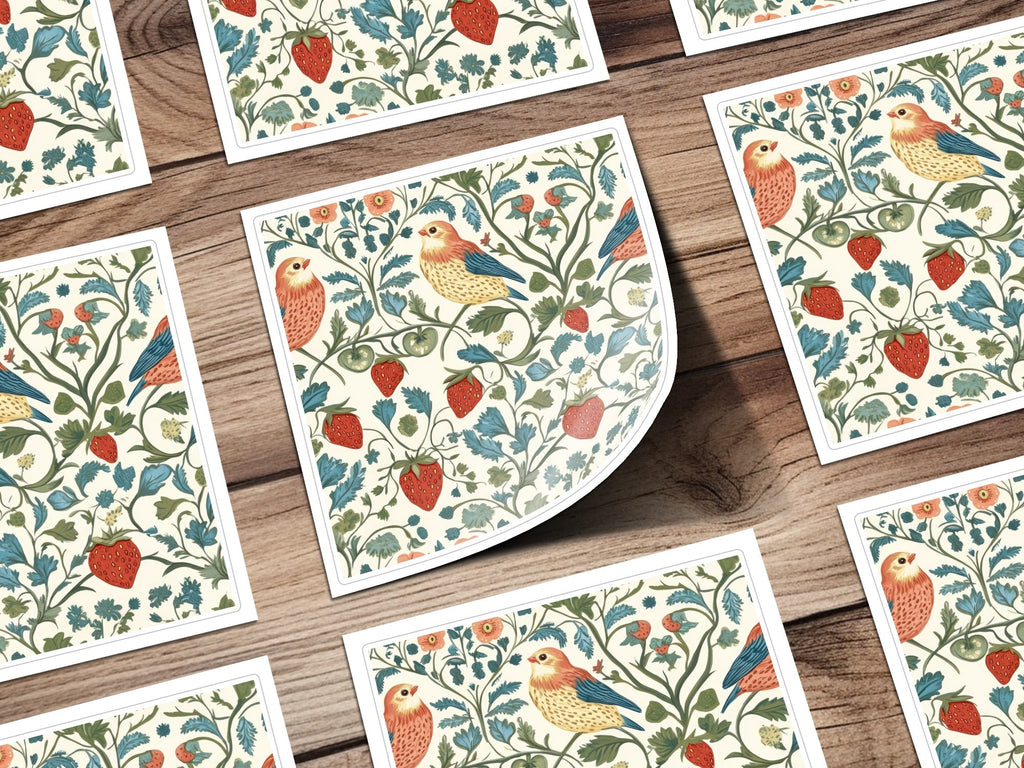 Bird Strawberry Floral Digital Seamless Pattern, Cottagecore Print, JPEG Fabric Design, Scrapbook Paper, Digital Download, Two Scales - Moore and Mountain