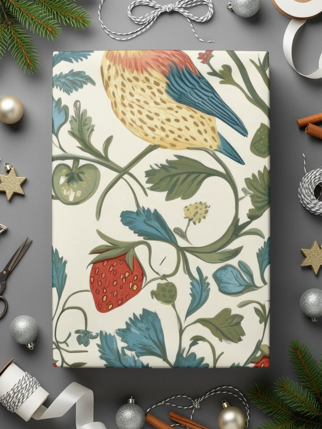 Bird Strawberry Floral Digital Seamless Pattern, Cottagecore Print, JPEG Fabric Design, Scrapbook Paper, Digital Download, Two Scales - Moore and Mountain