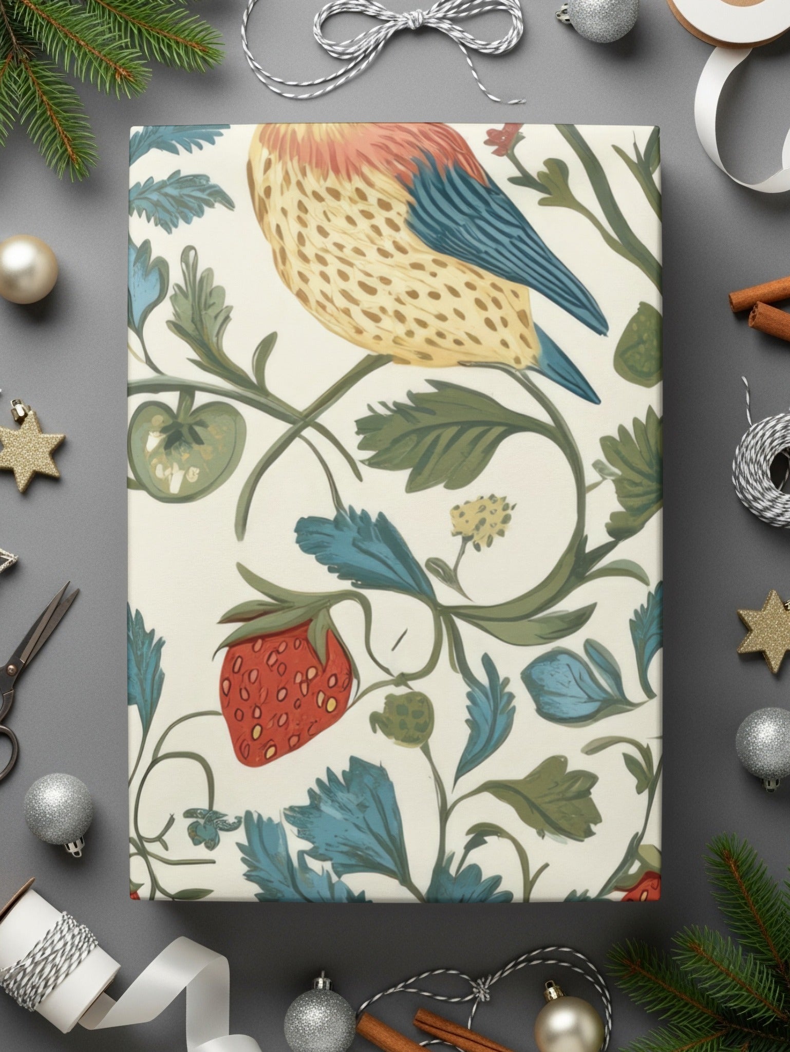 Bird Strawberry Floral Digital Seamless Pattern, Cottagecore Print, JPEG Fabric Design, Scrapbook Paper, Digital Download, Two Scales - Moore and Mountain