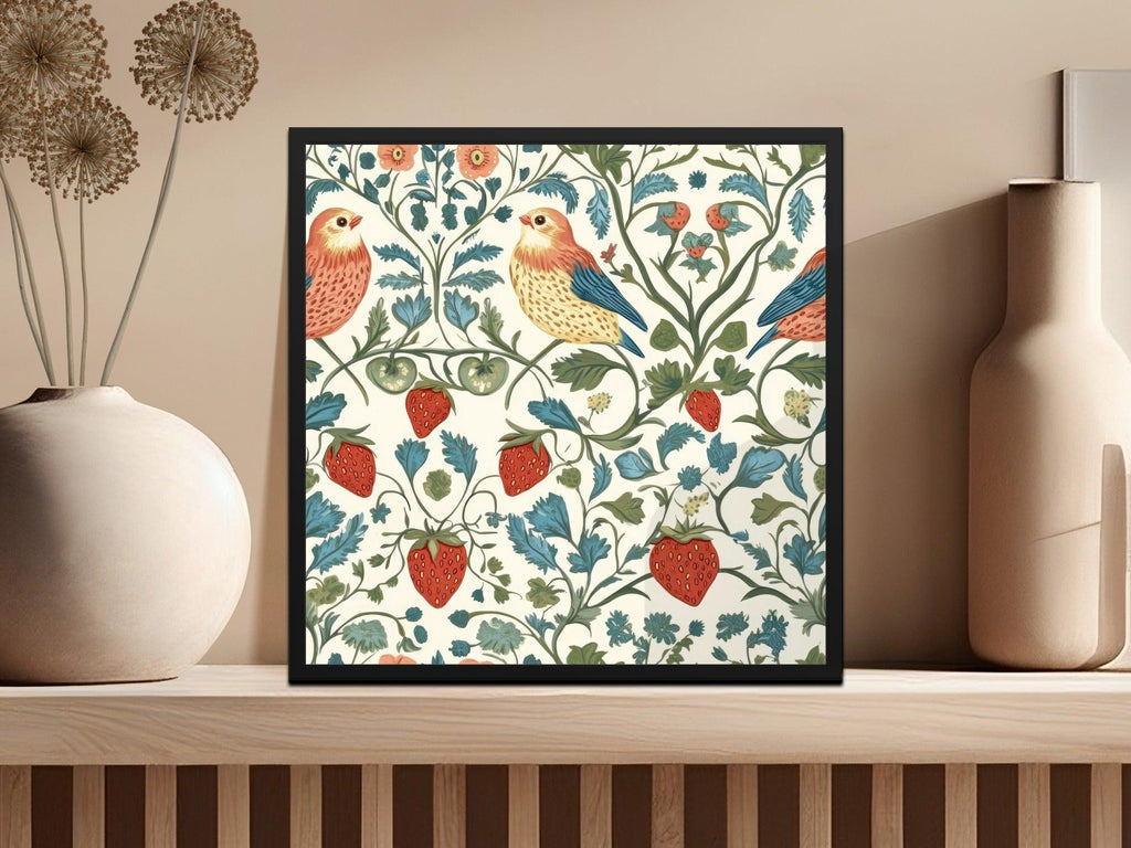 Bird Strawberry Floral Digital Seamless Pattern, Cottagecore Print, JPEG Fabric Design, Scrapbook Paper, Digital Download, Two Scales - Moore and Mountain