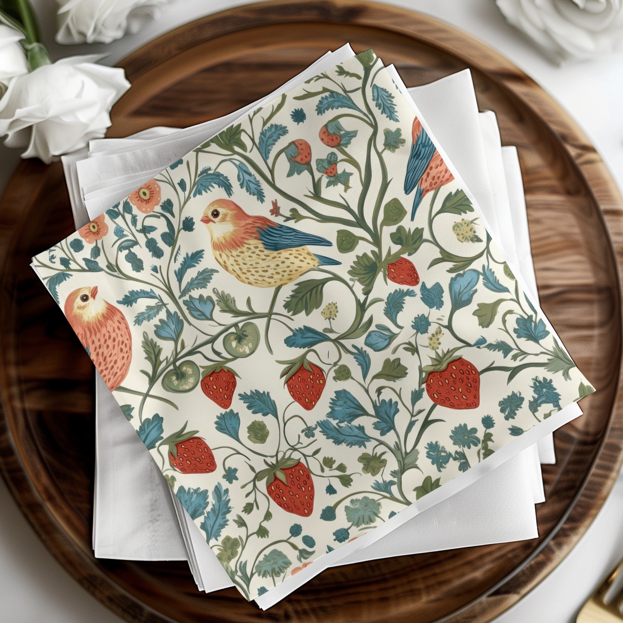 Bird Strawberry Floral Digital Seamless Pattern, Cottagecore Print, JPEG Fabric Design, Scrapbook Paper, Digital Download, Two Scales - Moore and Mountain