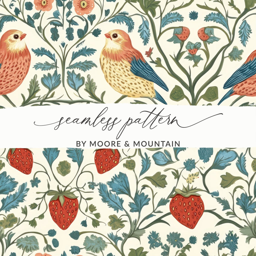 Bird Strawberry Floral Digital Seamless Pattern, Cottagecore Print, JPEG Fabric Design, Scrapbook Paper, Digital Download, Two Scales - Moore and Mountain