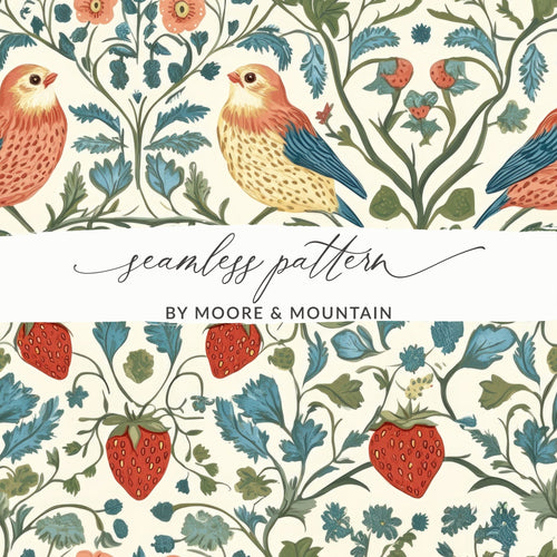 Bird Strawberry Floral Digital Seamless Pattern, Cottagecore Print, JPEG Fabric Design, Scrapbook Paper, Digital Download, Two Scales - Moore and Mountain