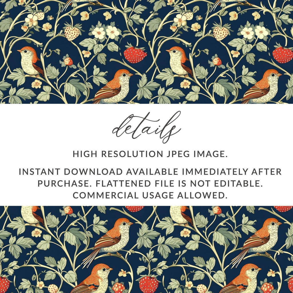 Bird Strawberry Pattern, Seamless Floral Digital Paper Pack, Vintage Botanical Repeat Pattern, Printable Fabric, Scrapbook Paper, DIY Crafts - Moore and Mountain