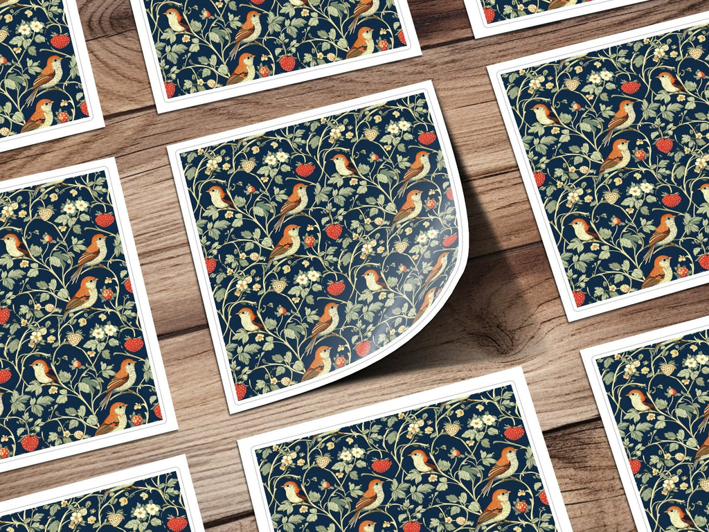 Bird Strawberry Pattern, Seamless Floral Digital Paper Pack, Vintage Botanical Repeat Pattern, Printable Fabric, Scrapbook Paper, DIY Crafts - Moore and Mountain