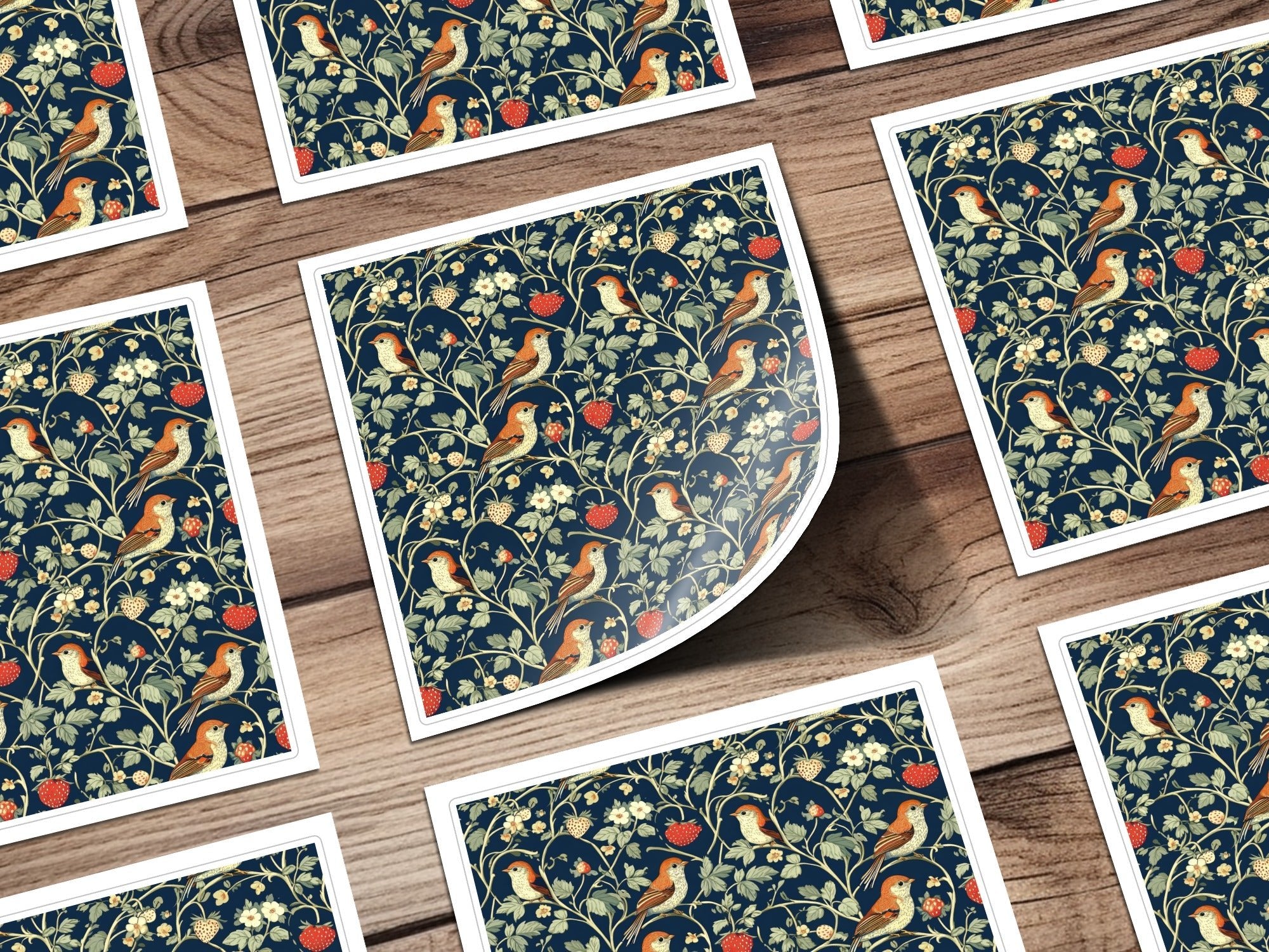 Bird Strawberry Pattern, Seamless Floral Digital Paper Pack, Vintage Botanical Repeat Pattern, Printable Fabric, Scrapbook Paper, DIY Crafts - Moore and Mountain