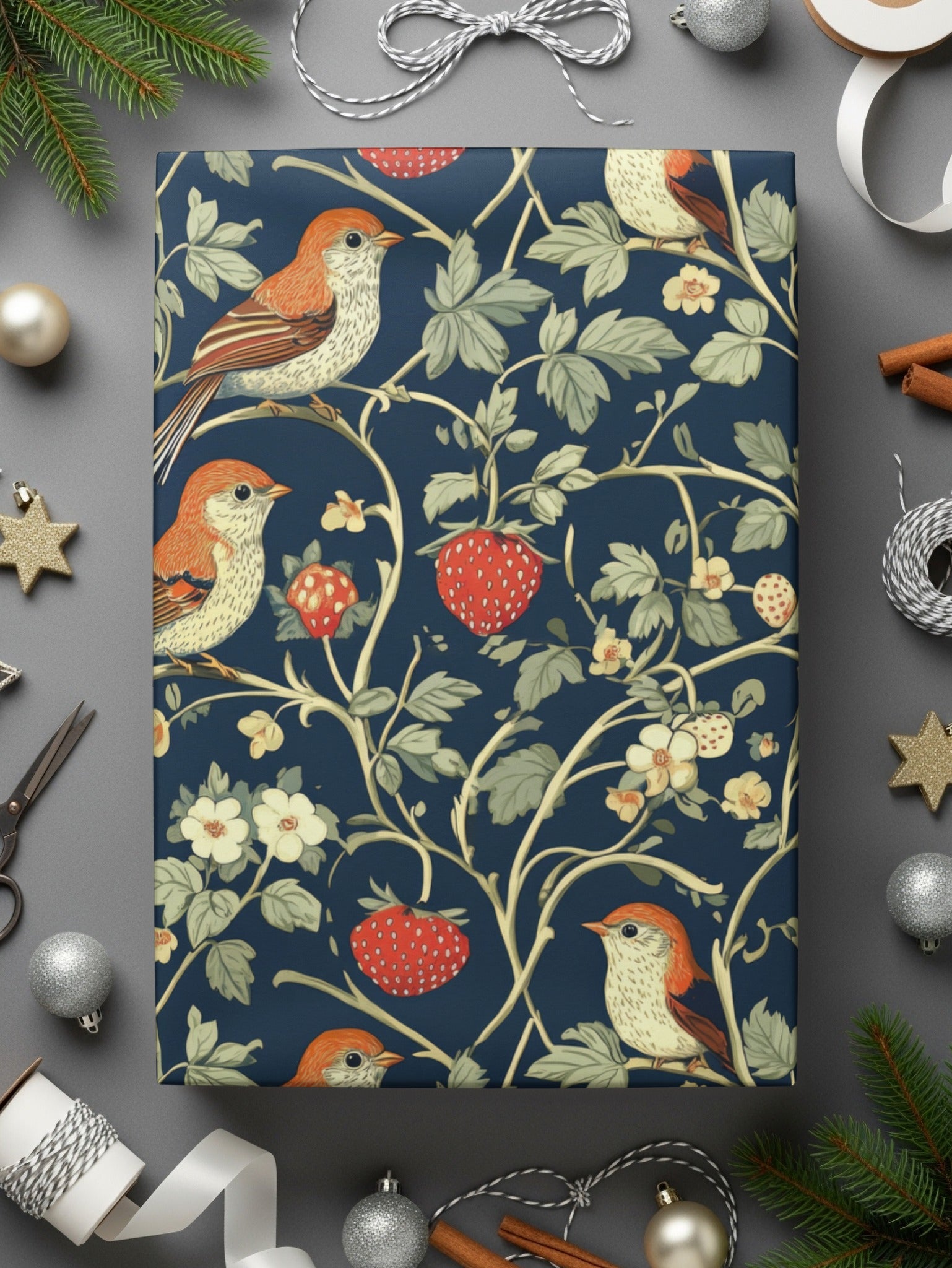 Bird Strawberry Pattern, Seamless Floral Digital Paper Pack, Vintage Botanical Repeat Pattern, Printable Fabric, Scrapbook Paper, DIY Crafts - Moore and Mountain