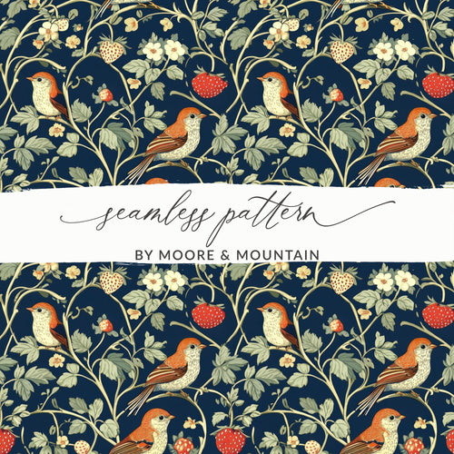 Bird Strawberry Pattern, Seamless Floral Digital Paper Pack, Vintage Botanical Repeat Pattern, Printable Fabric, Scrapbook Paper, DIY Crafts - Moore and Mountain