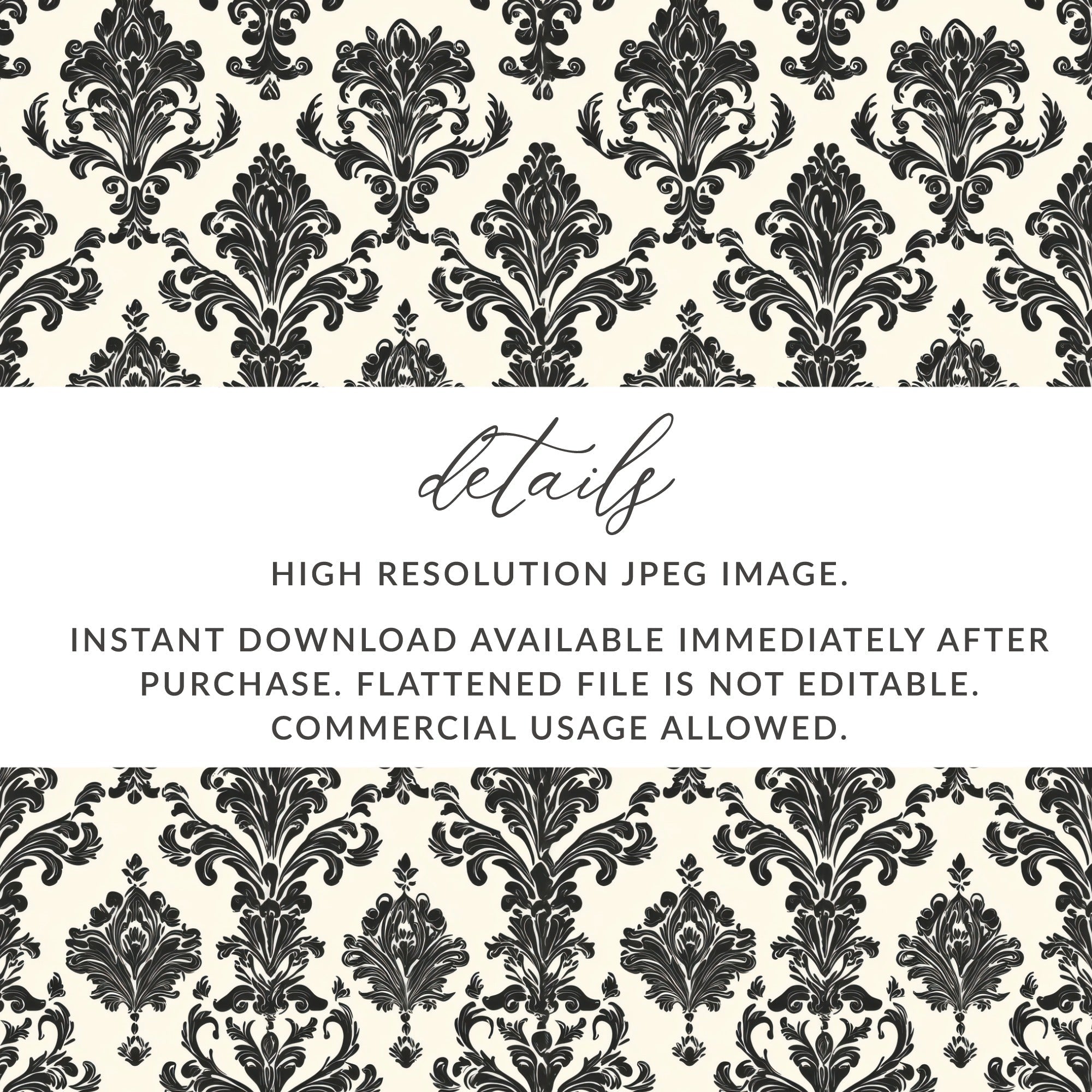 Black Damask Vintage Ornament Classic Repeating Background Design Digital - Moore and Mountain