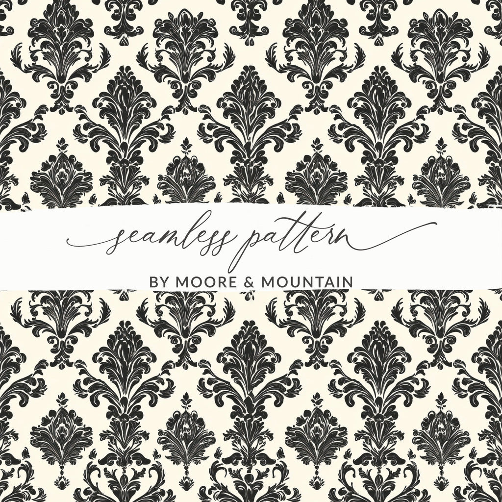 Black Damask Vintage Ornament Classic Repeating Background Design Digital - Moore and Mountain