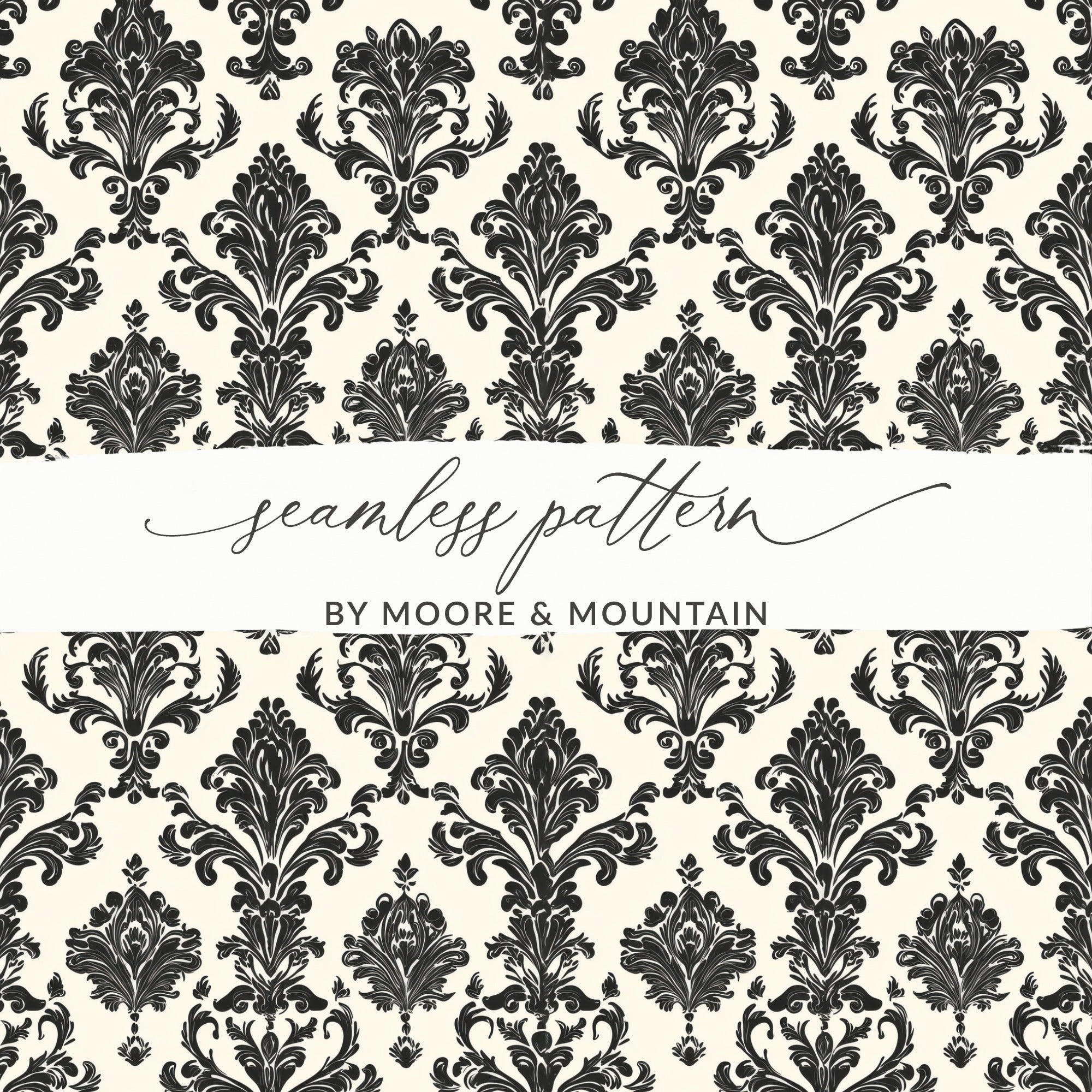 Black Damask Vintage Ornament Classic Repeating Background Design Digital - Moore and Mountain