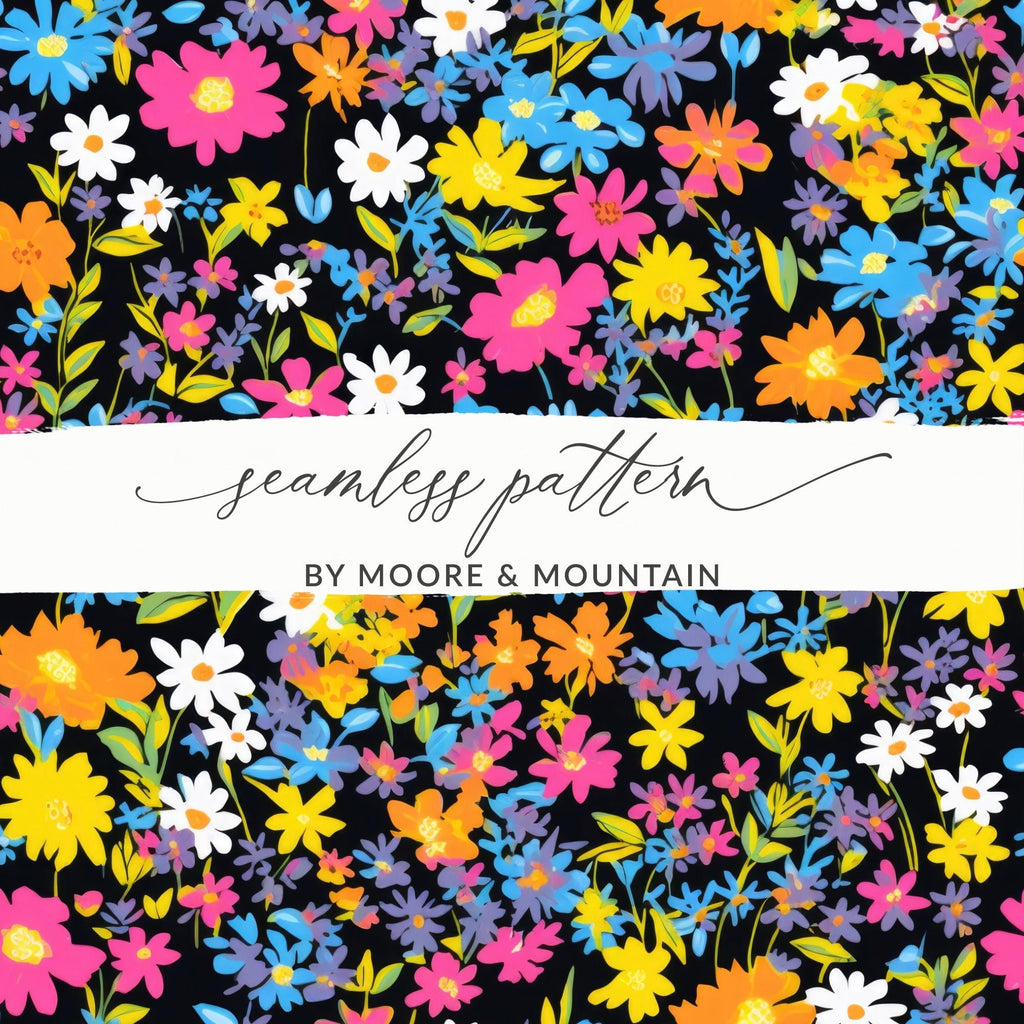 Black Ditsy Floral Digital Paper, Seamless Flower Pattern Dark - Moore and Mountain