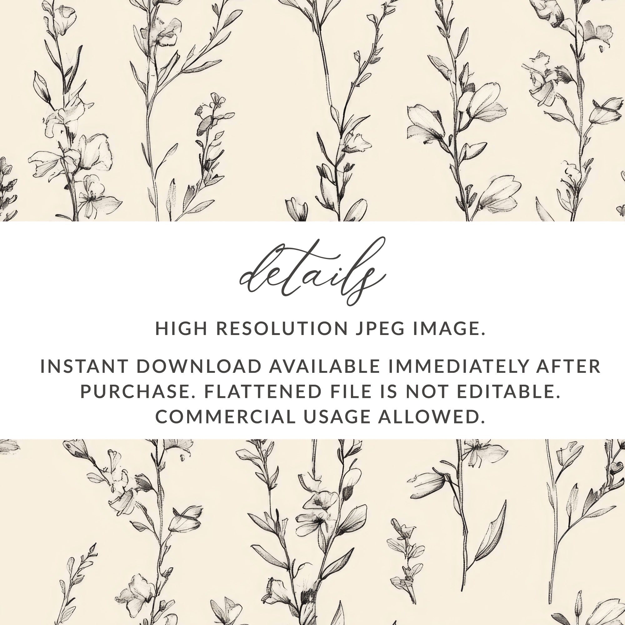 Black Floral Line Art Digital Paper, Botanical Print Cream Background, Seamless Pattern, Abstract Floral for Fabric, Scrapbook, Wallpaper - Moore and Mountain