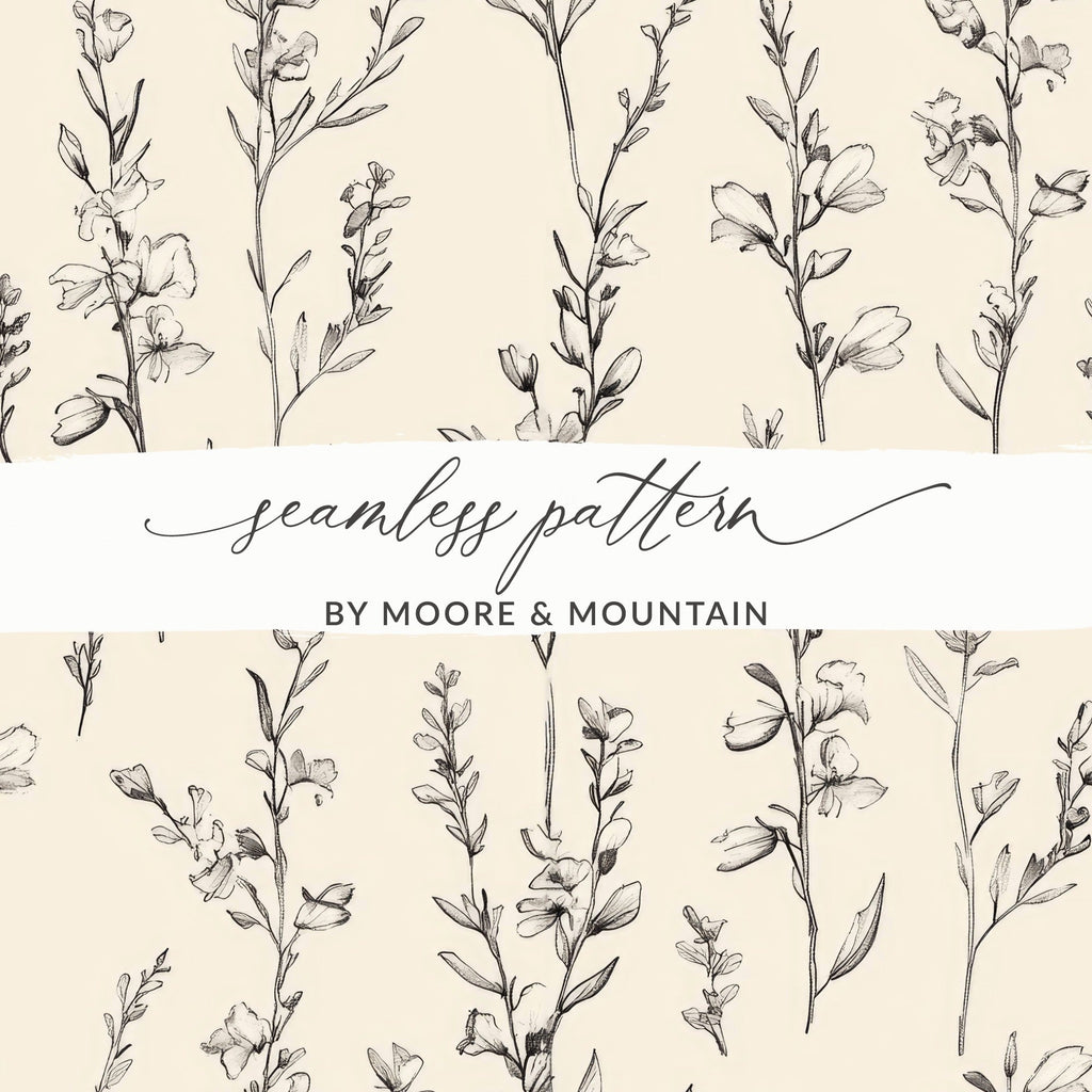 Black Floral Line Art Digital Paper, Botanical Print Cream Background, Seamless Pattern, Abstract Floral for Fabric, Scrapbook, Wallpaper - Moore and Mountain