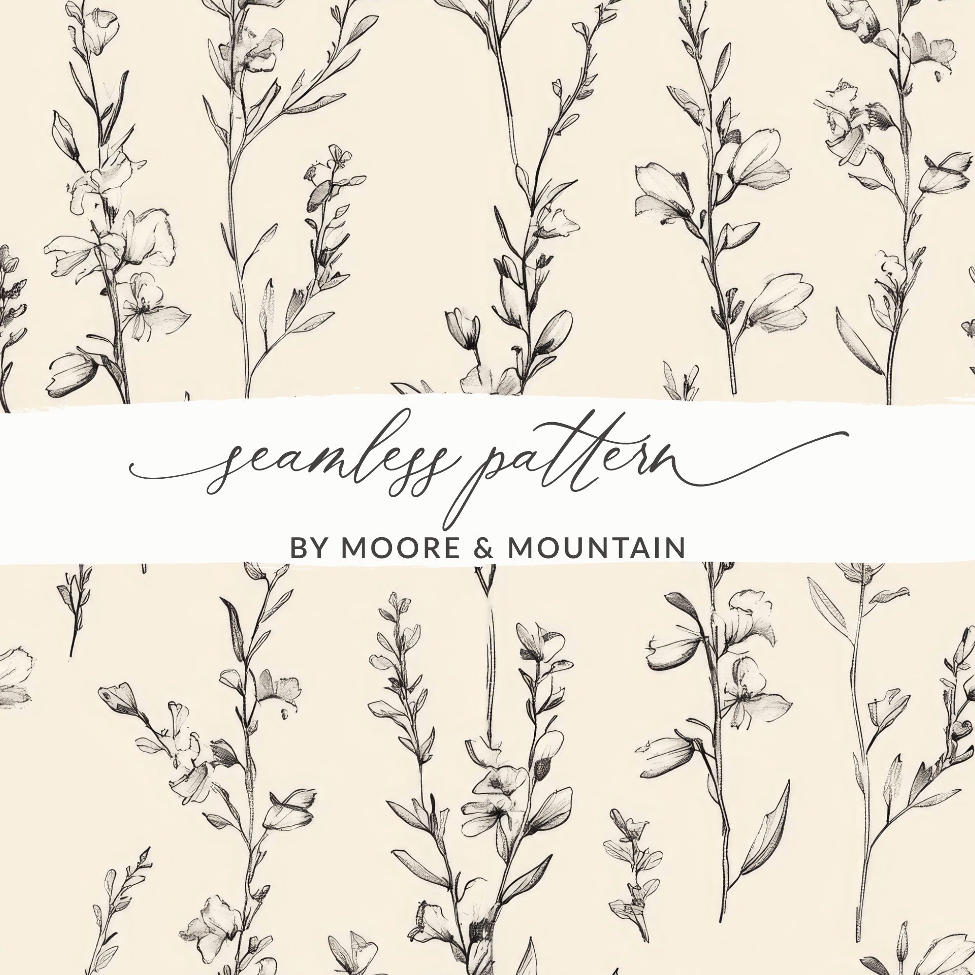 Black Floral Line Art Digital Paper, Botanical Print Cream Background, Seamless Pattern, Abstract Floral for Fabric, Scrapbook, Wallpaper - Moore and Mountain