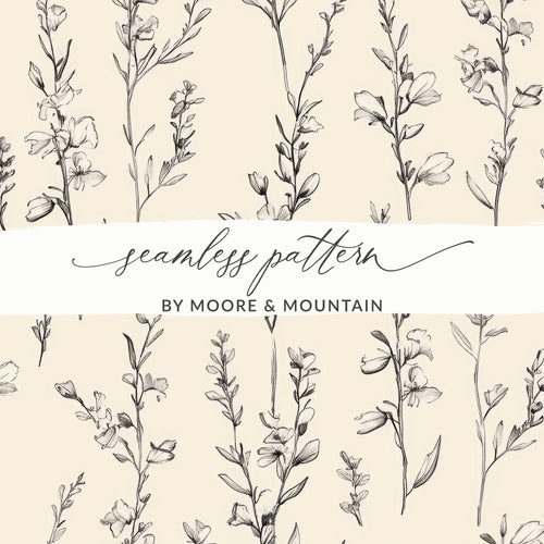 Black Floral Line Art Digital Paper, Botanical Print Cream Background, Seamless Pattern, Abstract Floral for Fabric, Scrapbook, Wallpaper - Moore and Mountain