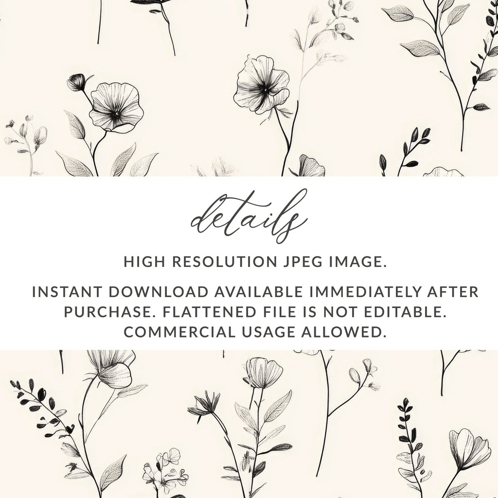 Black Floral Sketch Digital Paper, Seamless Flower Pattern, Botanical Design, Dark Aesthetic Printable Paper, Digital Product - Moore and Mountain