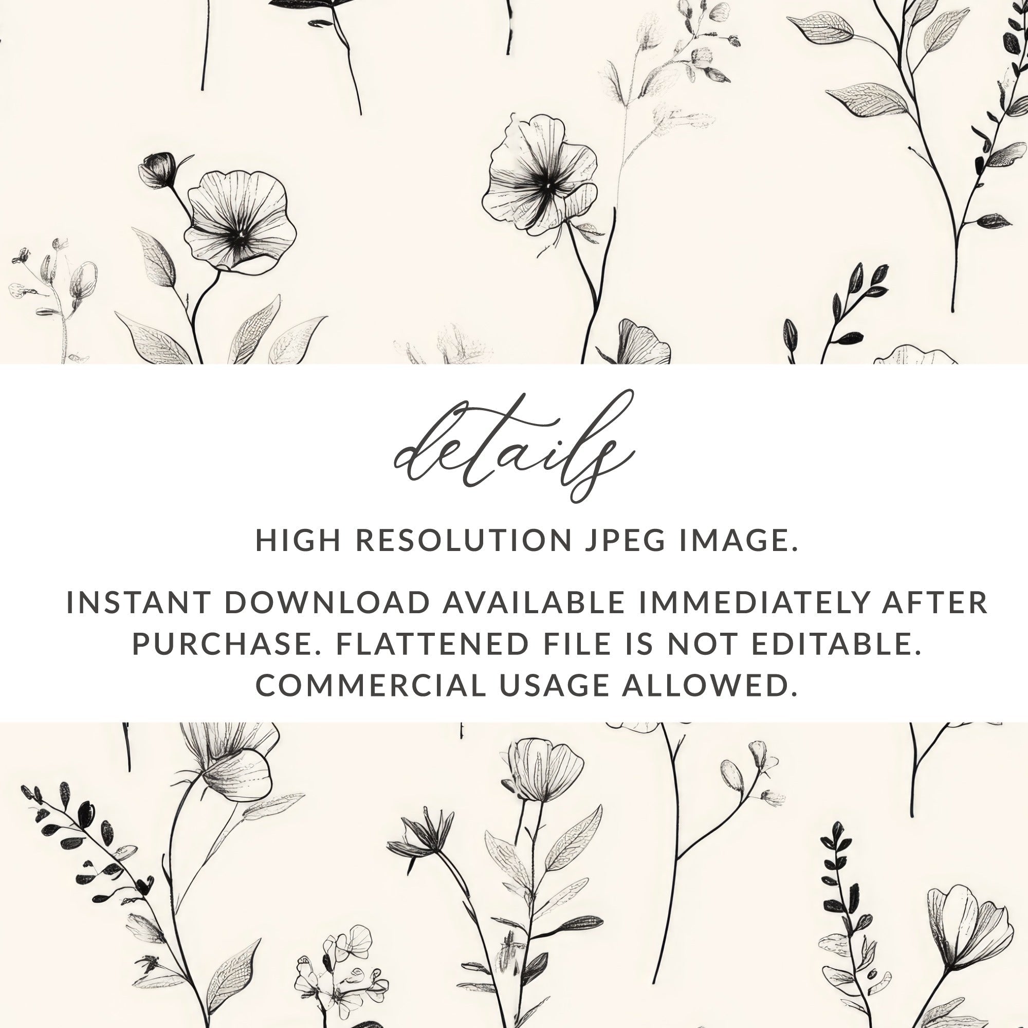 Black Floral Sketch Digital Paper, Seamless Flower Pattern, Botanical Design, Dark Aesthetic Printable Paper, Digital Product - Moore and Mountain