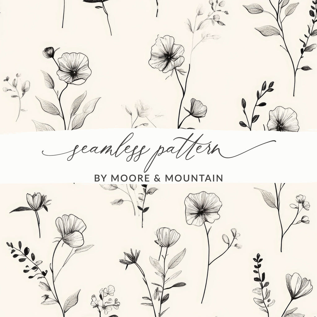 Black Floral Sketch Digital Paper, Seamless Flower Pattern, Botanical Design, Dark Aesthetic Printable Paper, Digital Product - Moore and Mountain