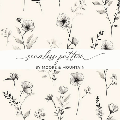 Black Floral Sketch Digital Paper, Seamless Flower Pattern, Botanical Design, Dark Aesthetic Printable Paper, Digital Product - Moore and Mountain