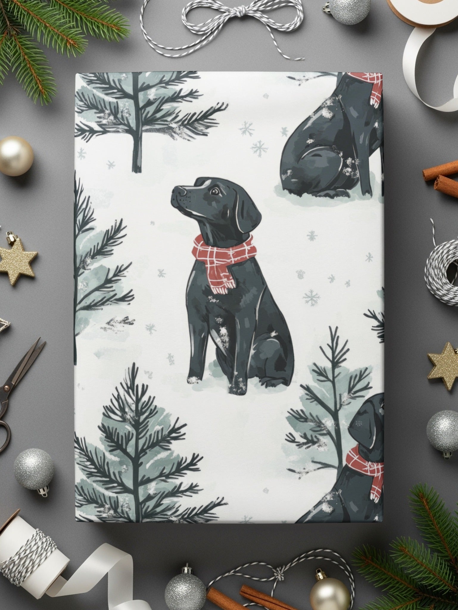 Black Labrador Winter Digital Art, Christmas Dog Pattern, Holiday Pet Print, Neutral Wallpaper, Scandinavian Dogs Decor - Moore and Mountain
