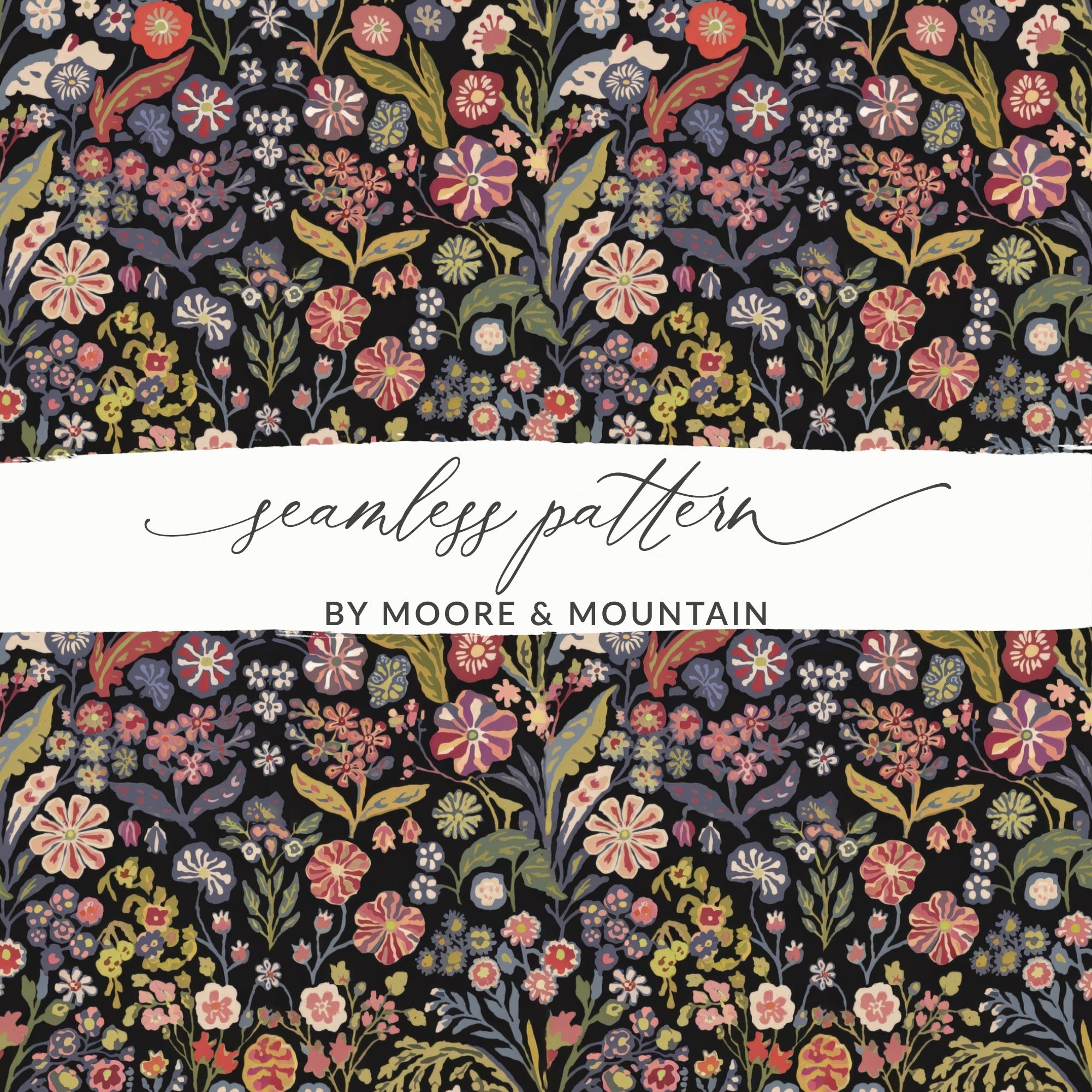 Black Multicolor Flowers Leaves Digital Pattern Seamless - Moore and Mountain