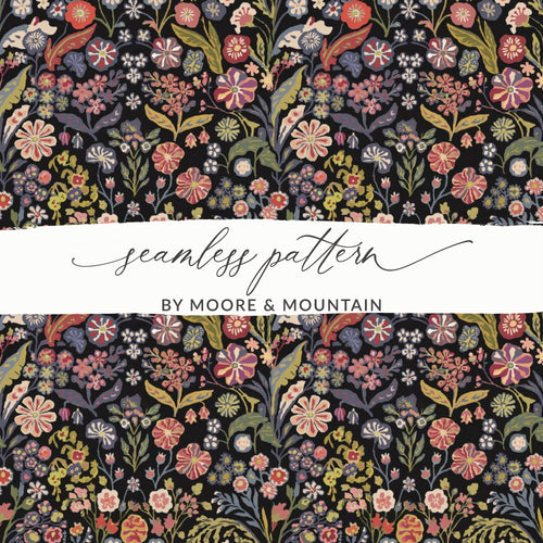 Black Multicolor Flowers Leaves Digital Pattern Seamless - Moore and Mountain