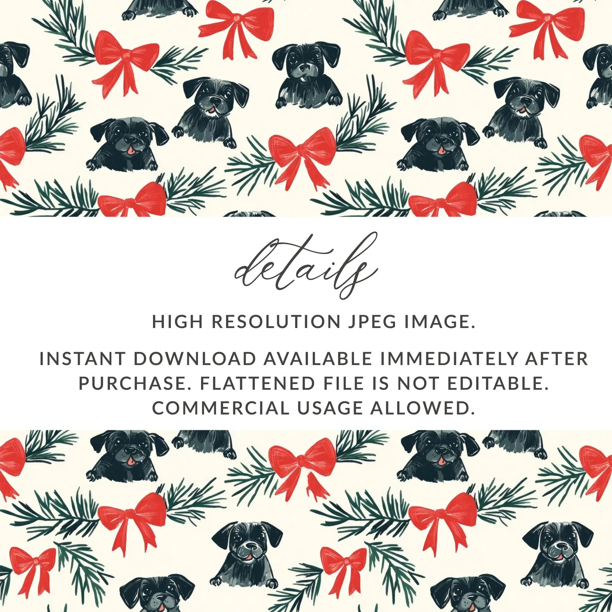 Black Pug Christmas Digital Seamless Pattern, Festive Dog Print, Pet Lover Fabric Design, Holiday Gift Wrap Pattern, 12x12 inches - Moore and Mountain