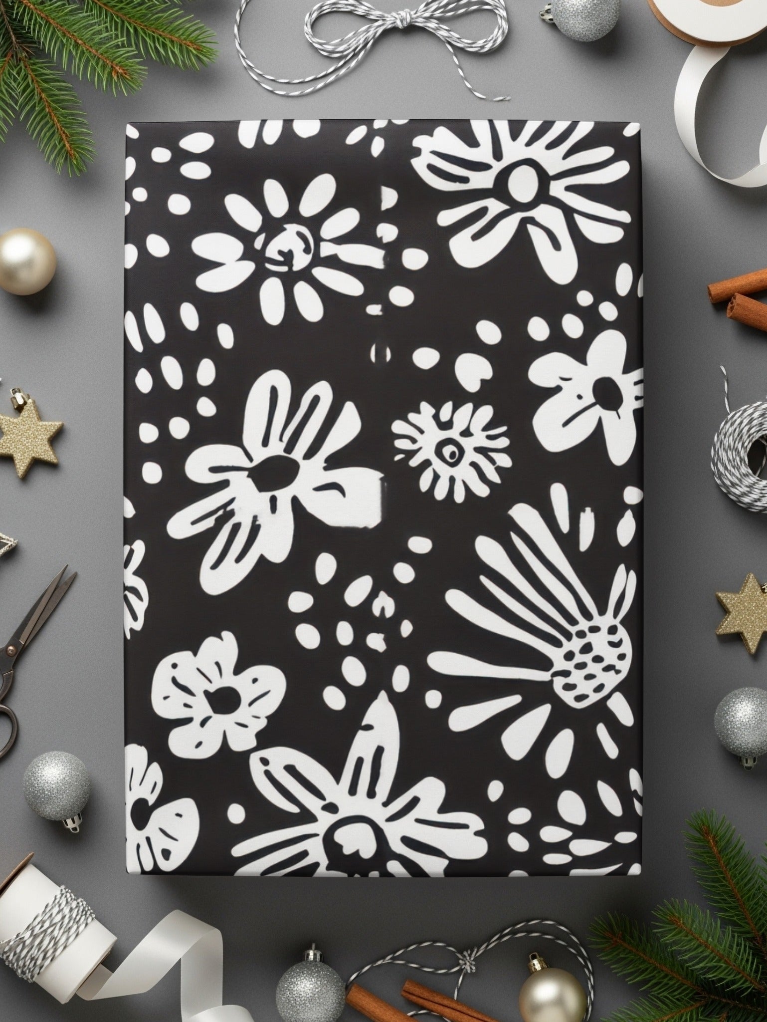Black and White Abstract Doodle Digital Art, Floral Pattern Print, Modern Flower Design, Printable Wall Art, Seamless Texture - Moore and Mountain
