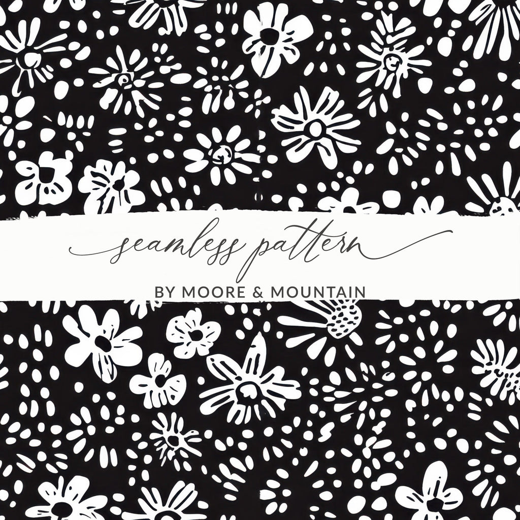 Black and White Abstract Doodle Digital Art, Floral Pattern Print, Modern Flower Design, Printable Wall Art, Seamless Texture - Moore and Mountain