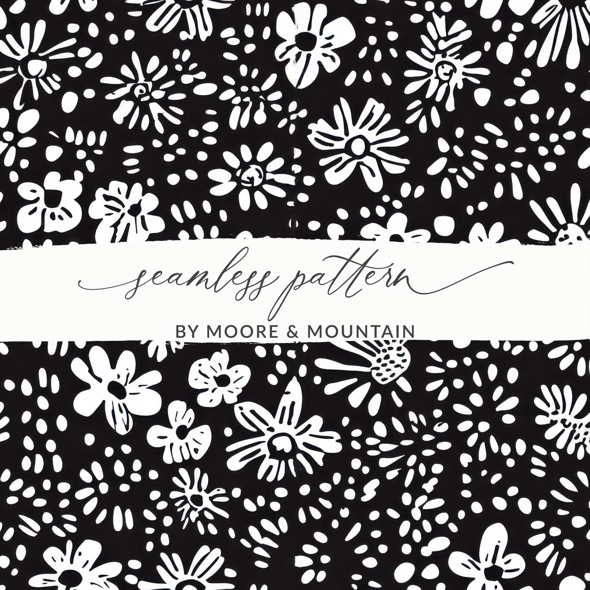 Black and White Abstract Doodle Digital Art, Floral Pattern Print, Modern Flower Design, Printable Wall Art, Seamless Texture - Moore and Mountain