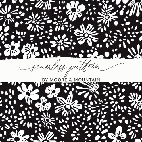 Black and White Abstract Doodle Digital Art, Floral Pattern Print, Modern Flower Design, Printable Wall Art, Seamless Texture - Moore and Mountain
